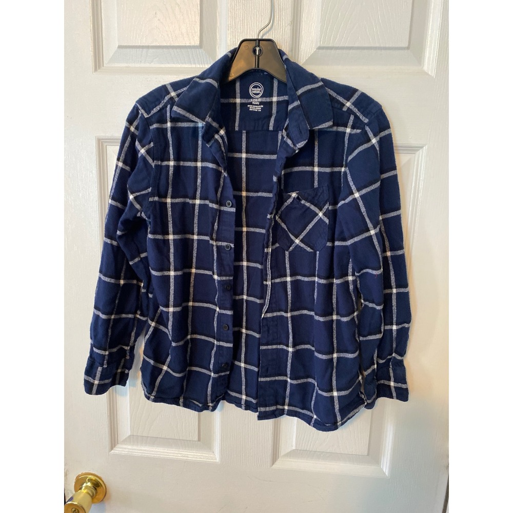 Wonder Nation Boys Husky Flannel Shirt Navy Blue White Windowpane Plaid L 10-12